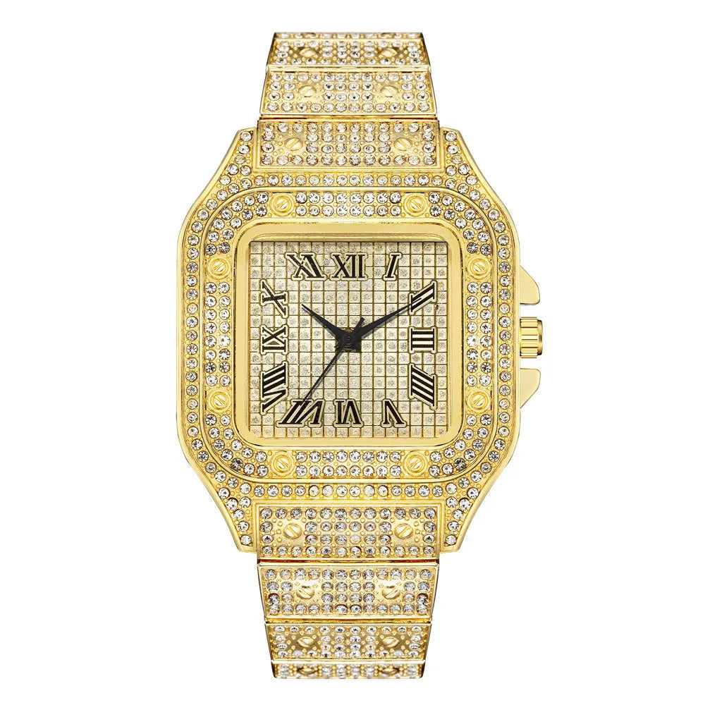 Men's Classic Square Rhinestone Steel Quartz Watch