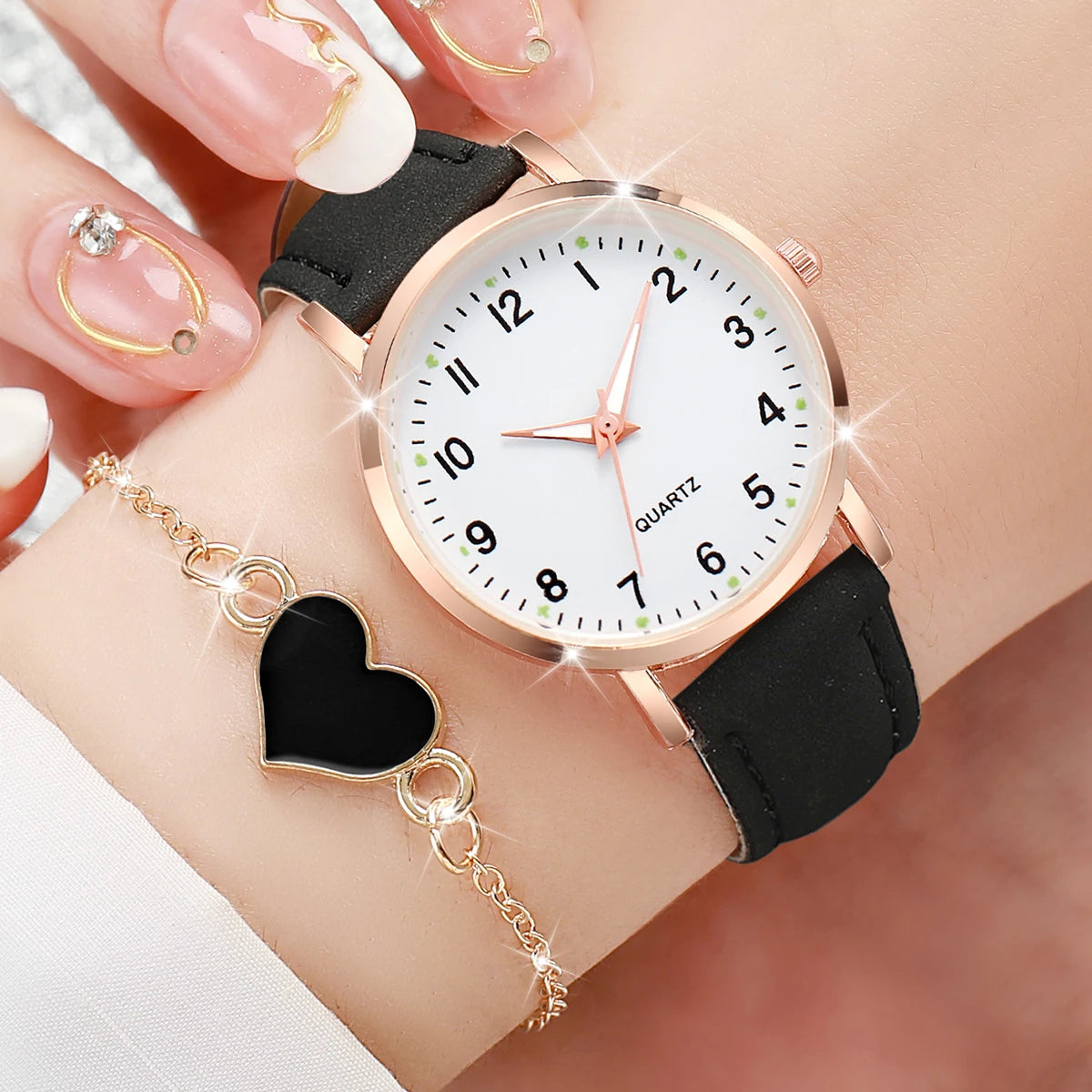 Women's Leather Watch & Heart Bracelet Set (4-6pcs)