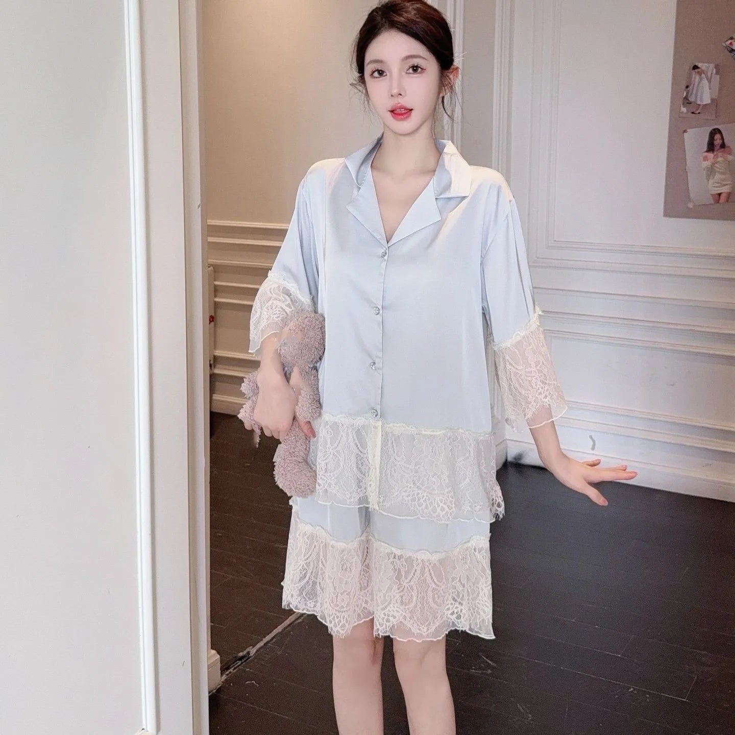 Women's Lace Satin Short Sleeve Pajama Set