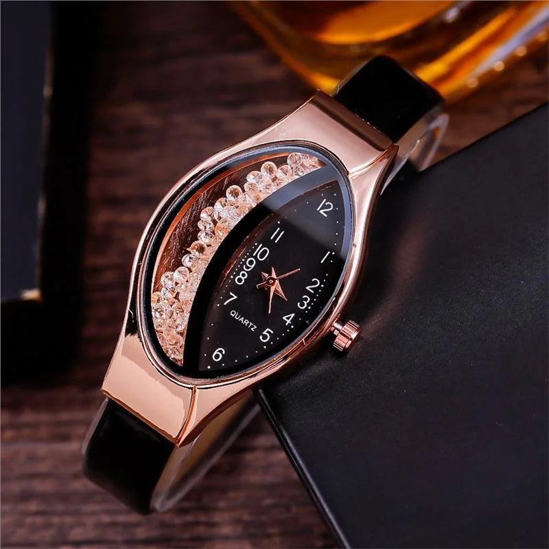 Crystal Oval Dial Leather Watch