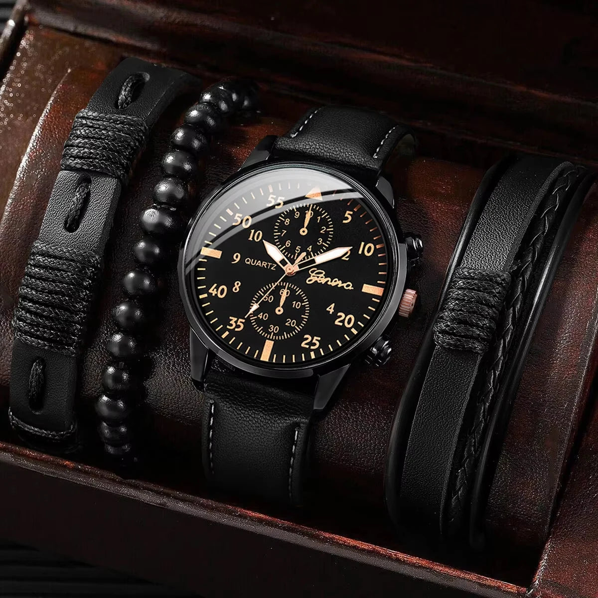 Men's Leather Watch & Woven Bracelet Set (4pcs)