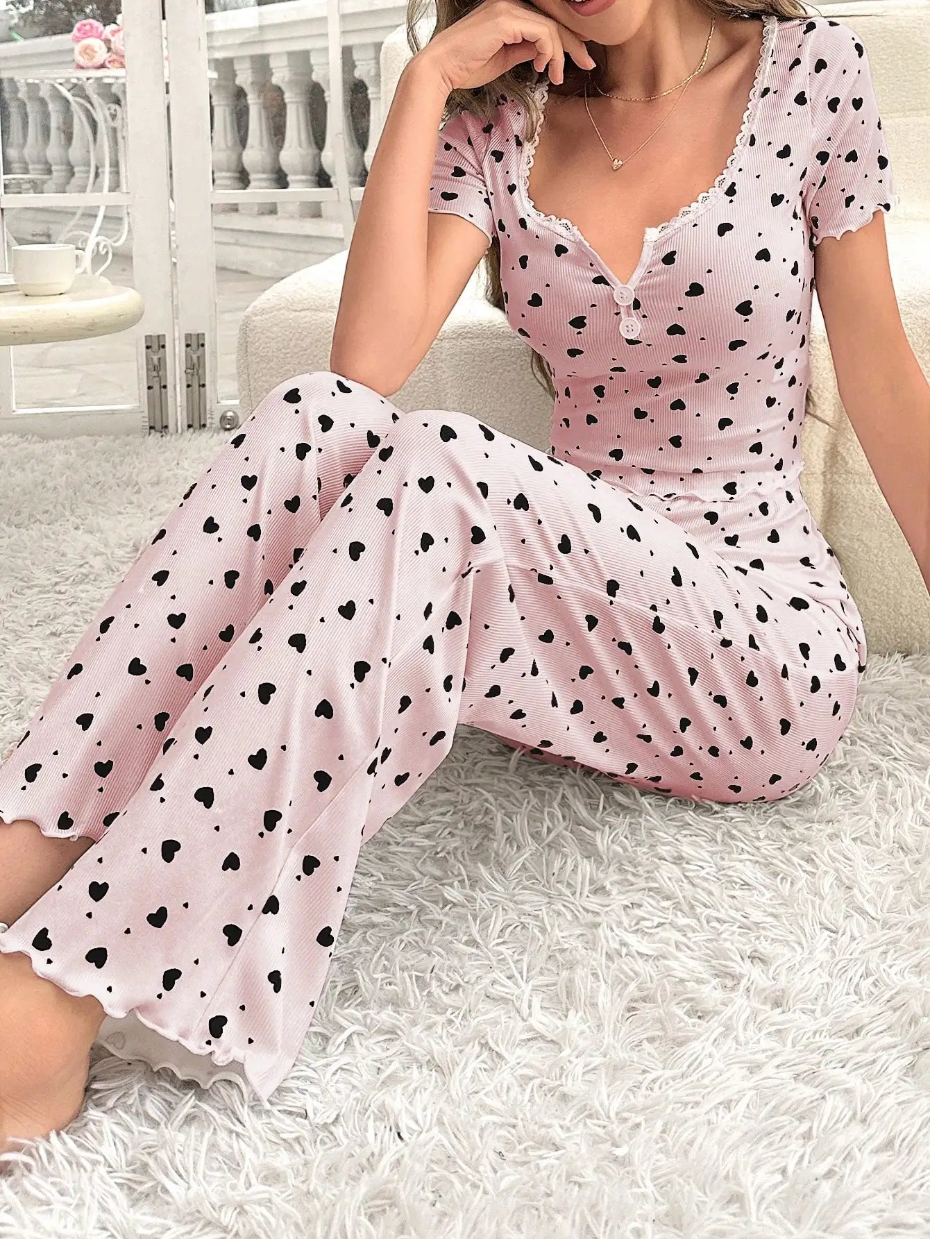 Women's Heart Print Short Sleeve Pajamas