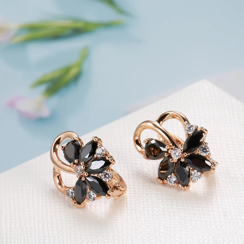 Black Zircon Flower Dangle Earrings