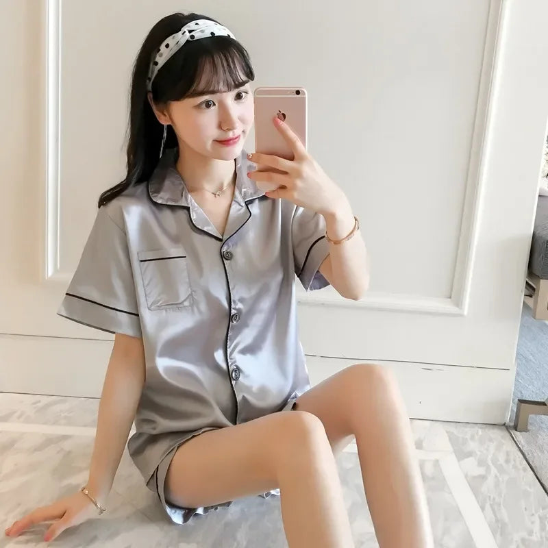 Ice Silk Cardigan Women Pajama Set