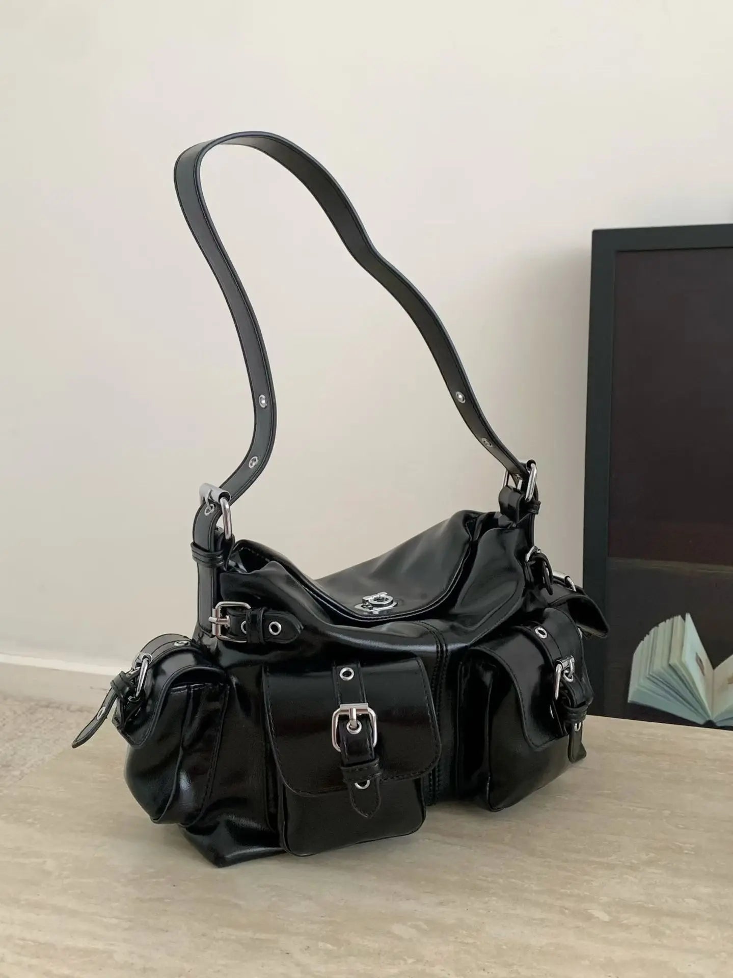 Women's Moto Style Multi-Pocket Armpit Tote