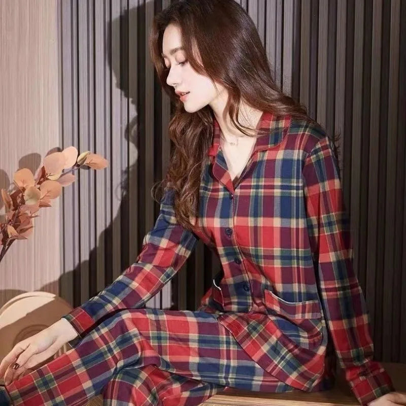 Women's Red Plaid Cardigan Pajama Set