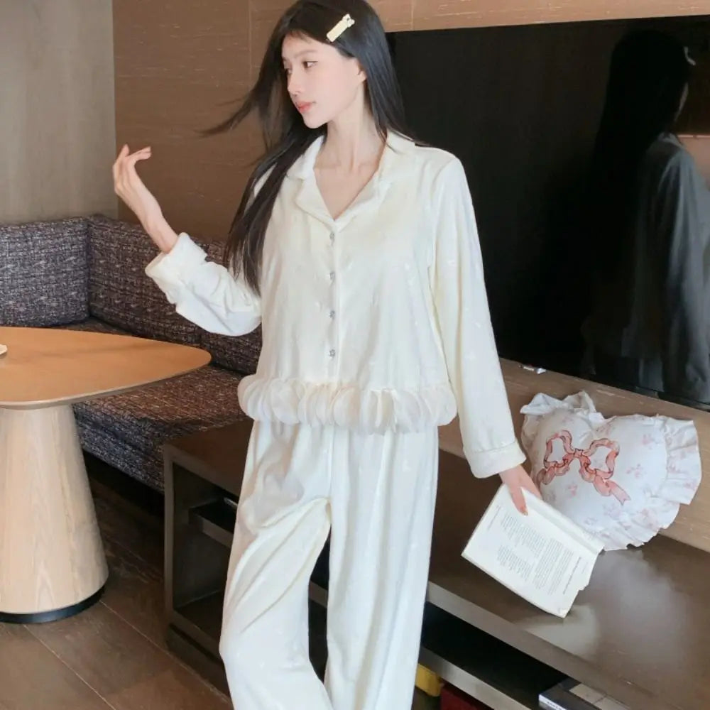 Women's Velvet Bow Long Sleeve Pajama Set