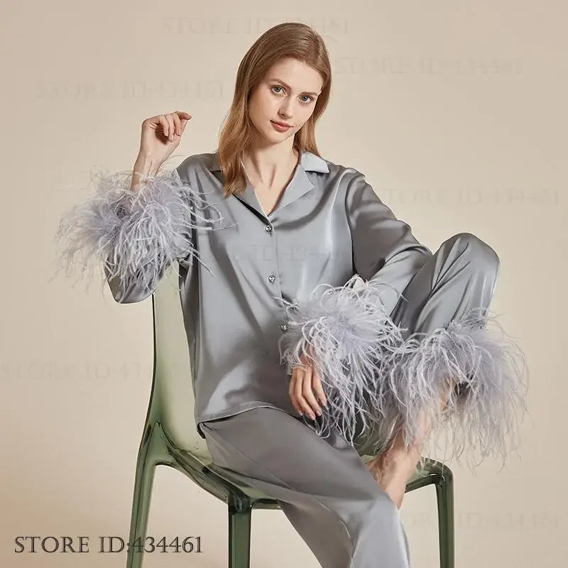 Women's Feather Silk Satin Pajama Set