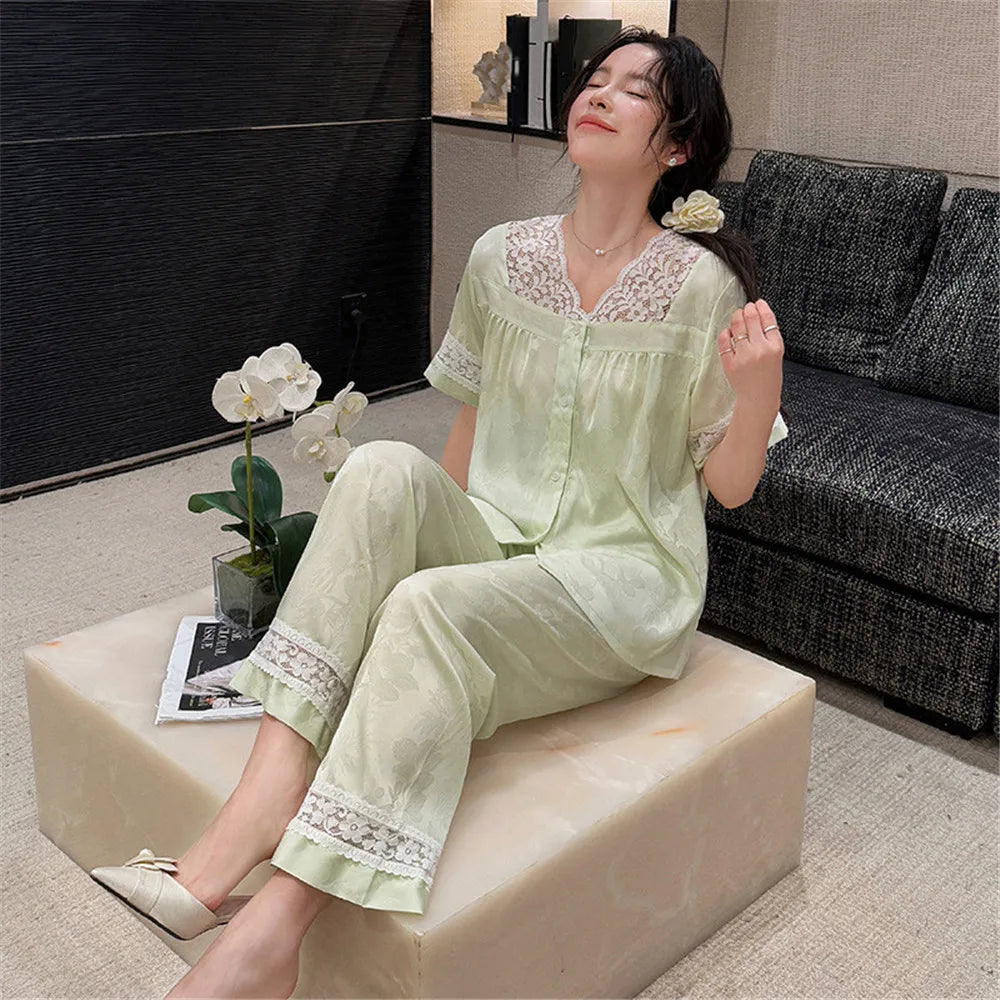 Lace V-Neck Satin Women Pajama Set