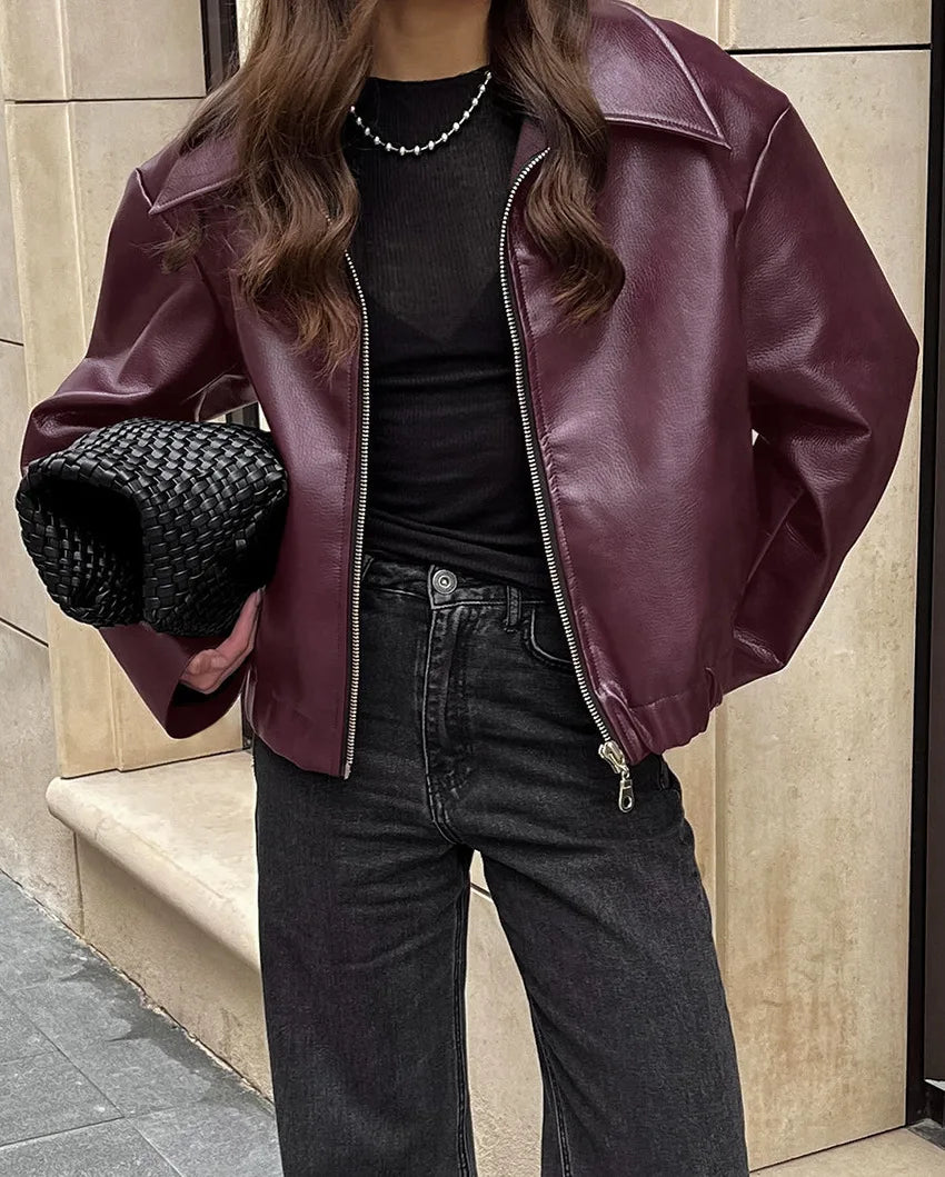 Wine Red Faux Leather Jacket