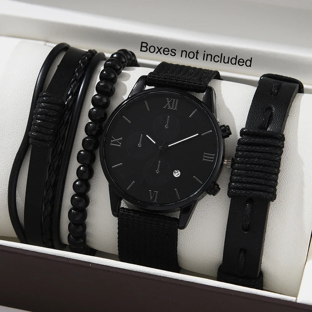 Men's Luxury Black Leather Watch & Bracelet Gift Set