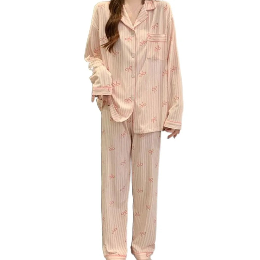 Women's Stripe Bow Korean Pajama Set