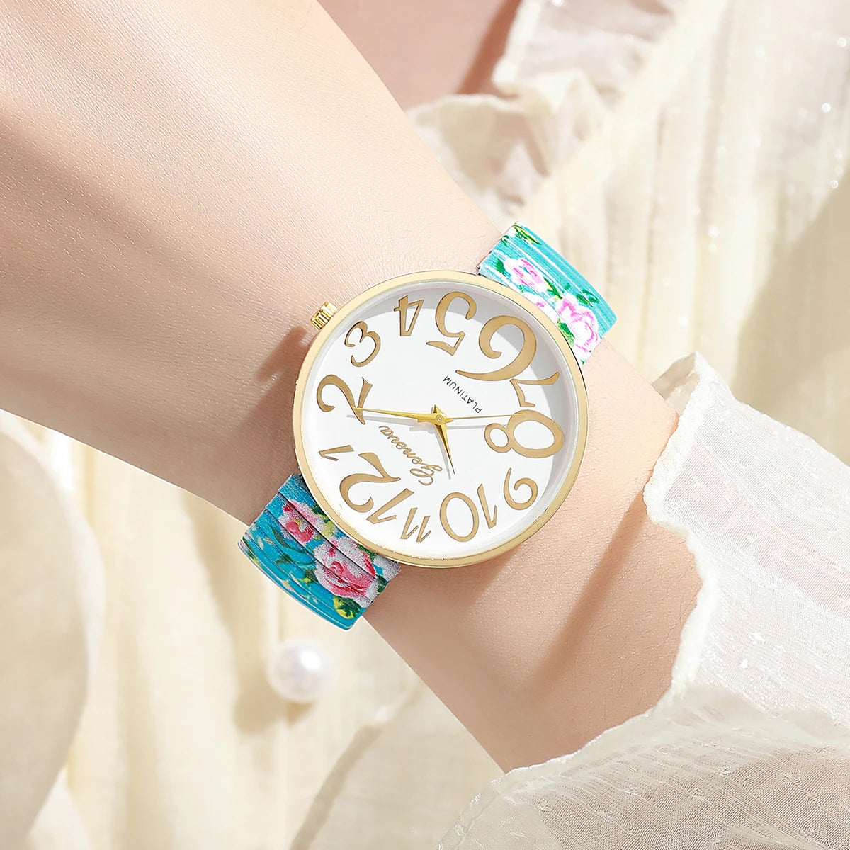 Women's Printed Elastic Band Watch Set