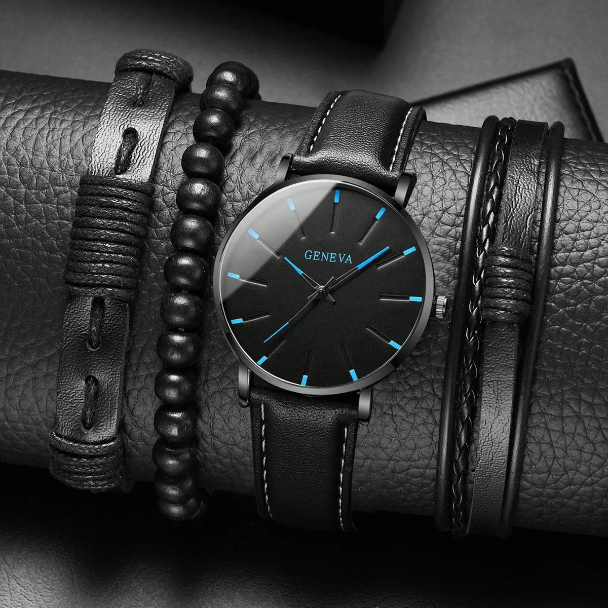 Men's Luxury Black Leather Watch & Bracelet Gift Set