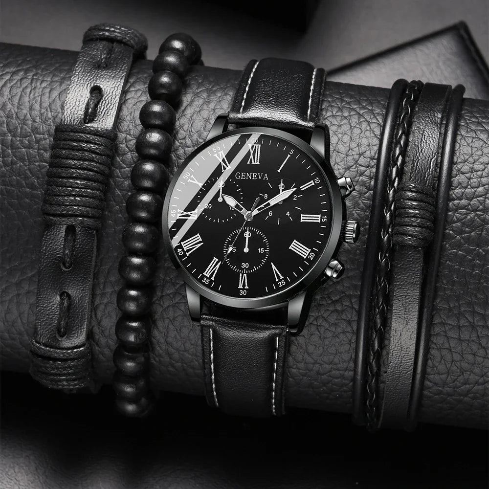 Men's Luxury Black Leather Watch & Bracelet Gift Set