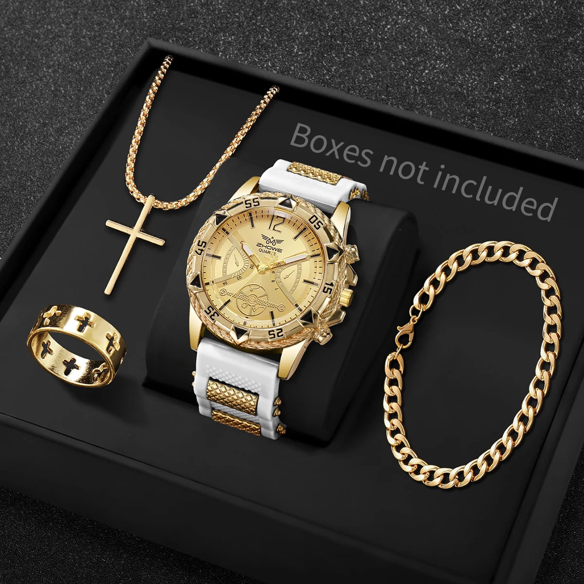 Men's Arabic Dial Quartz Watch Set with Necklace (4pcs)