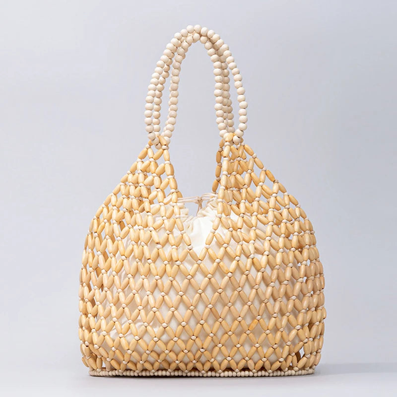 Women's Wooden Bead Bucket Shoulder Bag