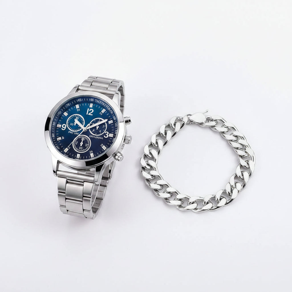 Men's Steel Band Quartz Watch & Bracelet (1-2pcs)