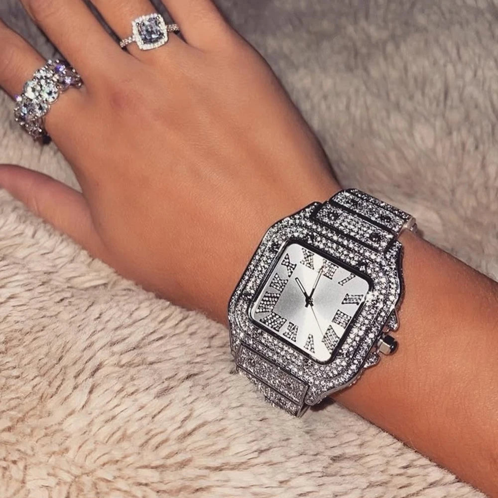 Women's Iced Diamond Square Quartz Watch