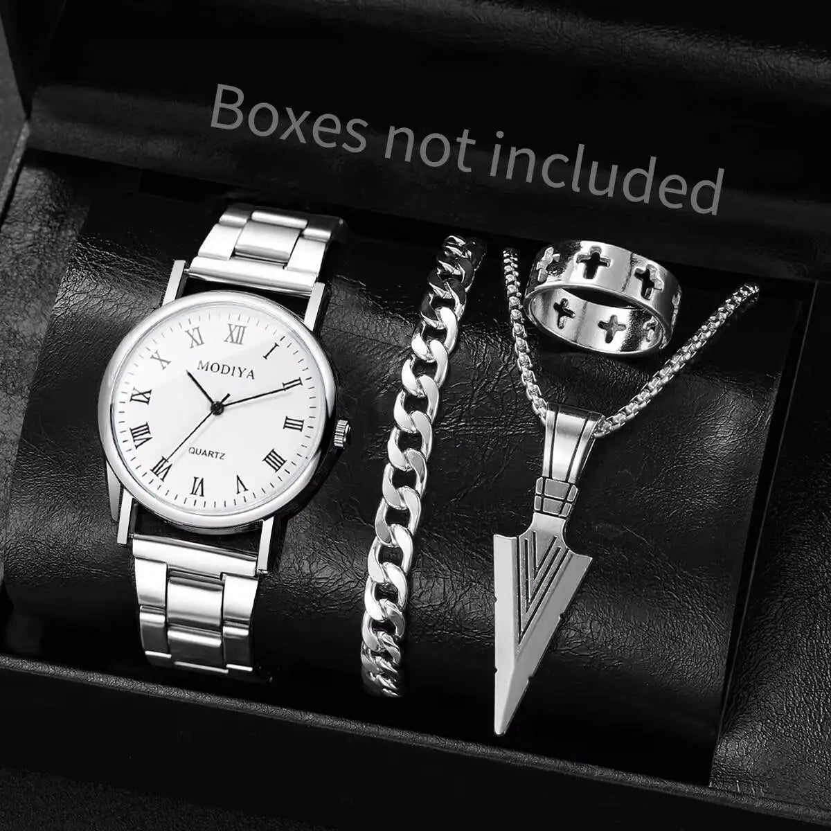 Men's Roman Dial Watch & Jewelry Set (4pcs)