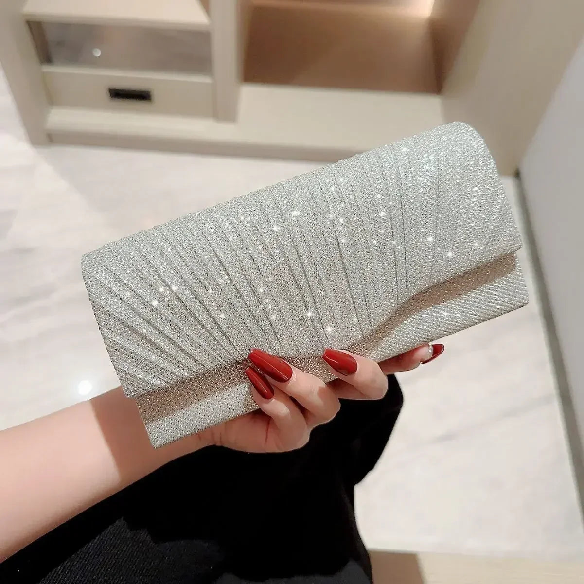 Women's Glitter Silver Envelope Evening Bag