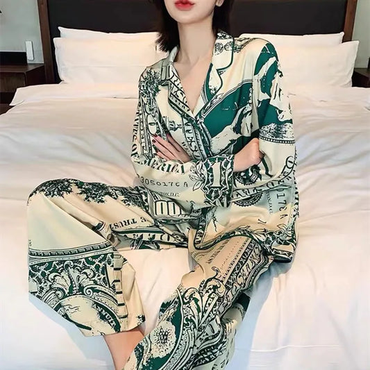 Women's Silk Print Cardigan Pajama Set