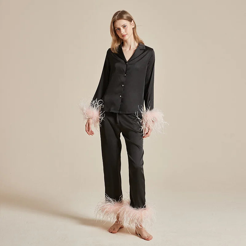 Women's Feather Silk Satin Pajama Set