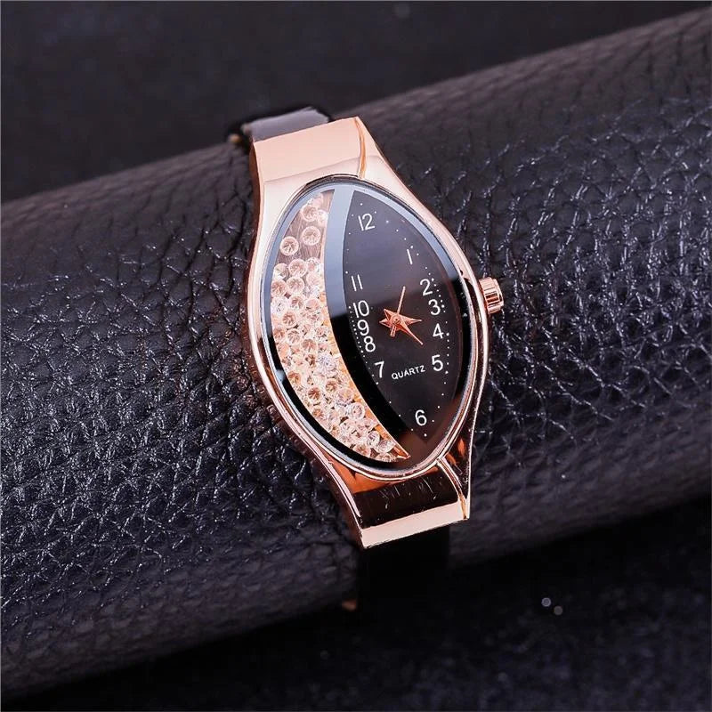 Crystal Oval Dial Leather Watch