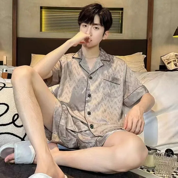 Men's Ice Silk Short Sleeve Pajama Set