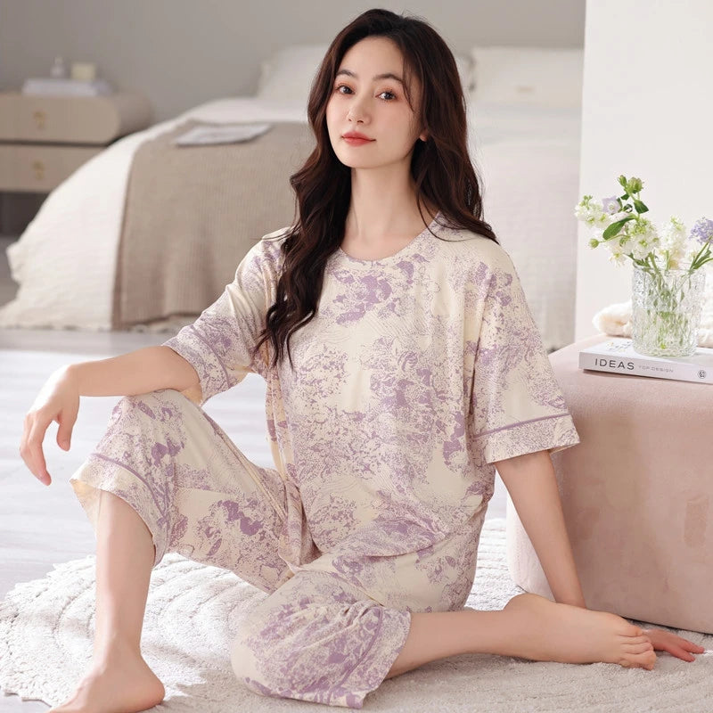 Women's Floral Round Neck Pajama Set Plus Size