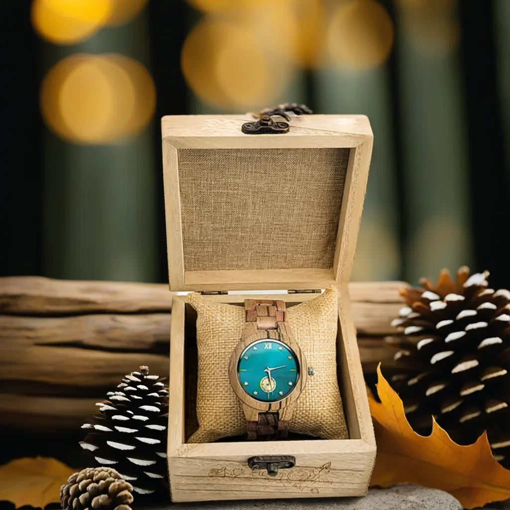Women's Wood & Diamond Dial Quartz Watch