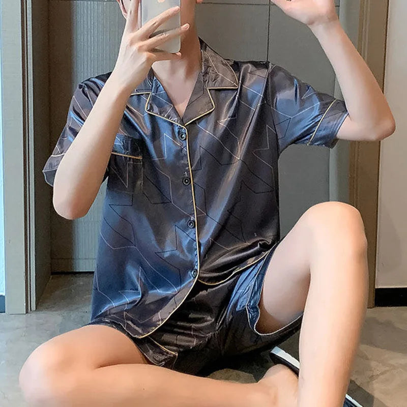 Men's Ice Silk Short Sleeve Pajama Set