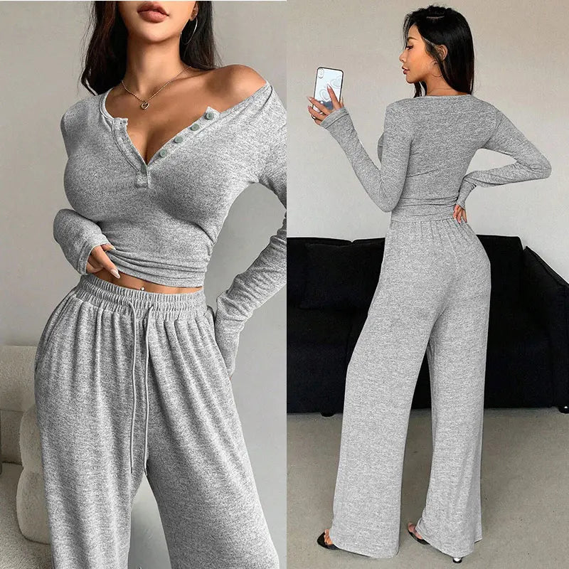 Women's V-Neck Button Drawstring Pajama Set