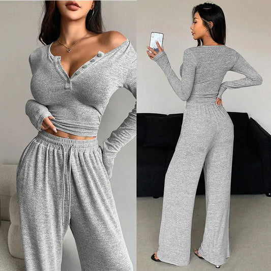 Women's V-Neck Button Drawstring Pajama Set