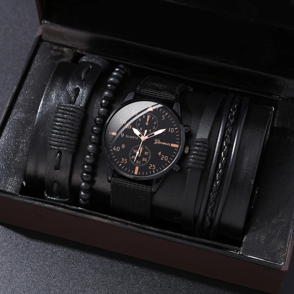 Men's Luxury Black Leather Watch & Bracelet Gift Set
