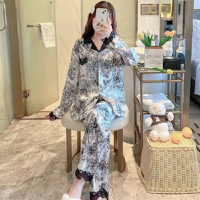 Women's Silk Print Cardigan Pajama Set