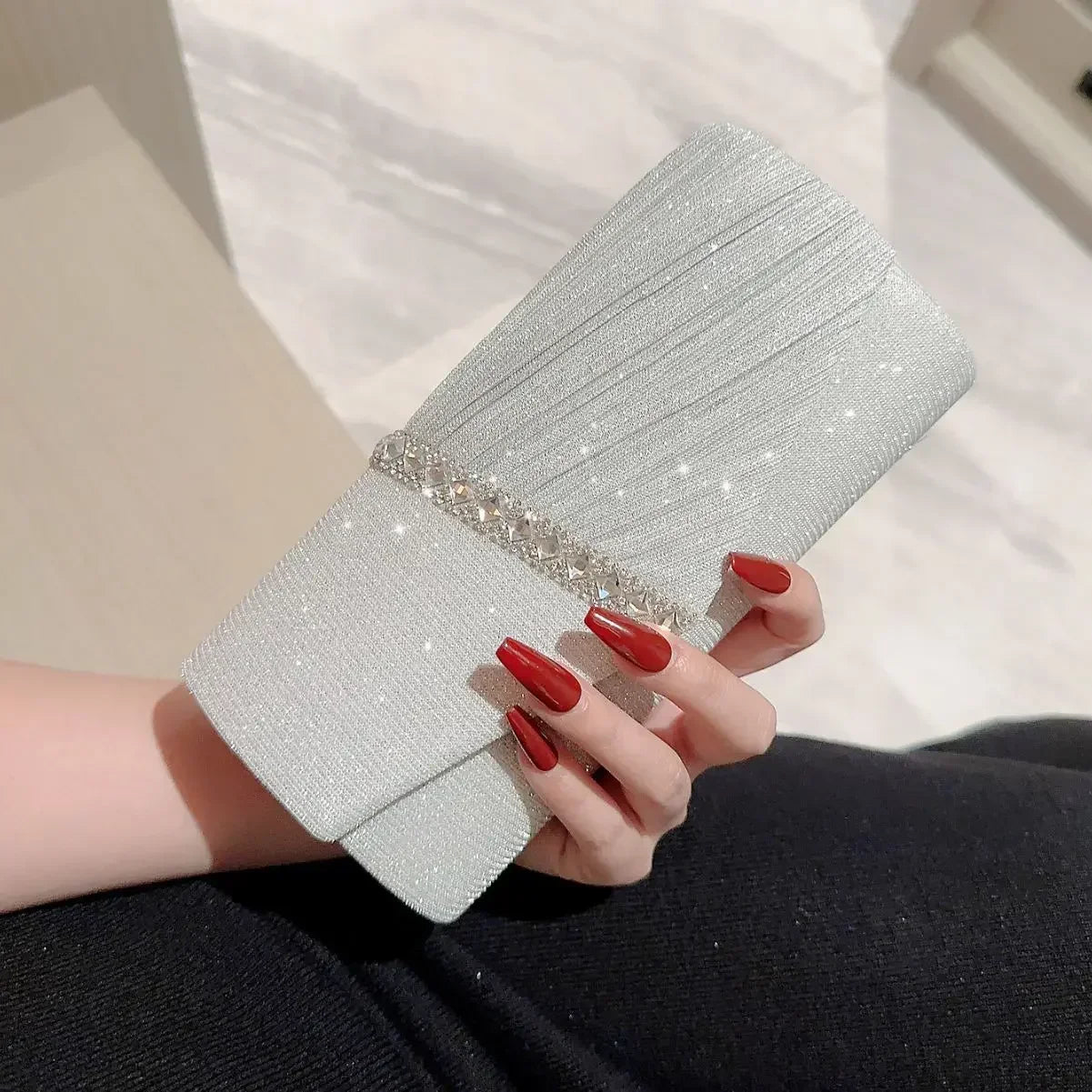 Women's Glitter Silver Envelope Evening Bag