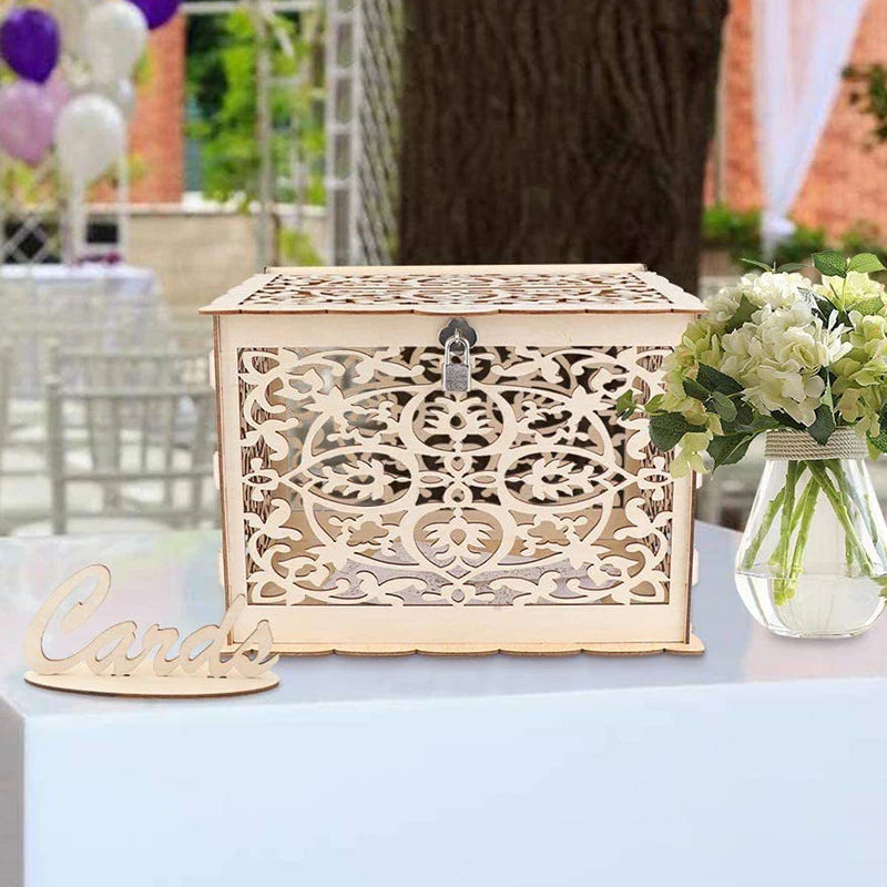 Wooden Wedding Card Box with Lock Decor