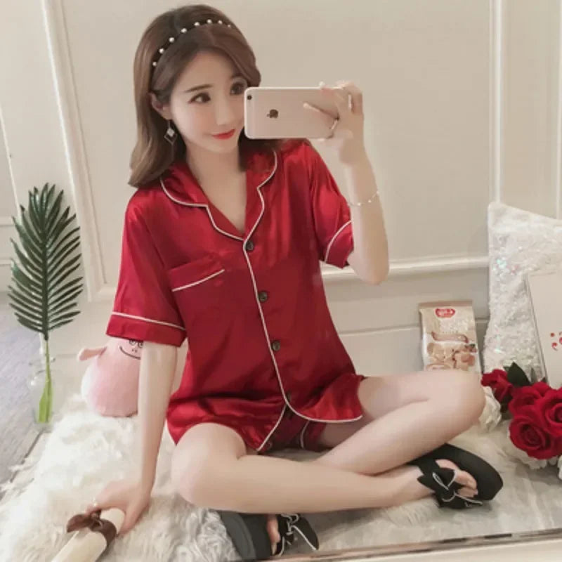 Ice Silk Cardigan Women Pajama Set