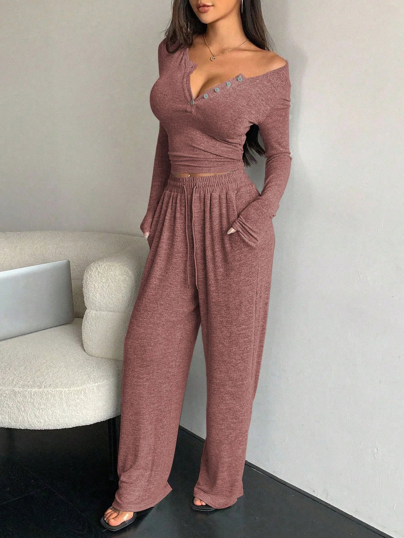 Women's V-Neck Button Drawstring Pajama Set