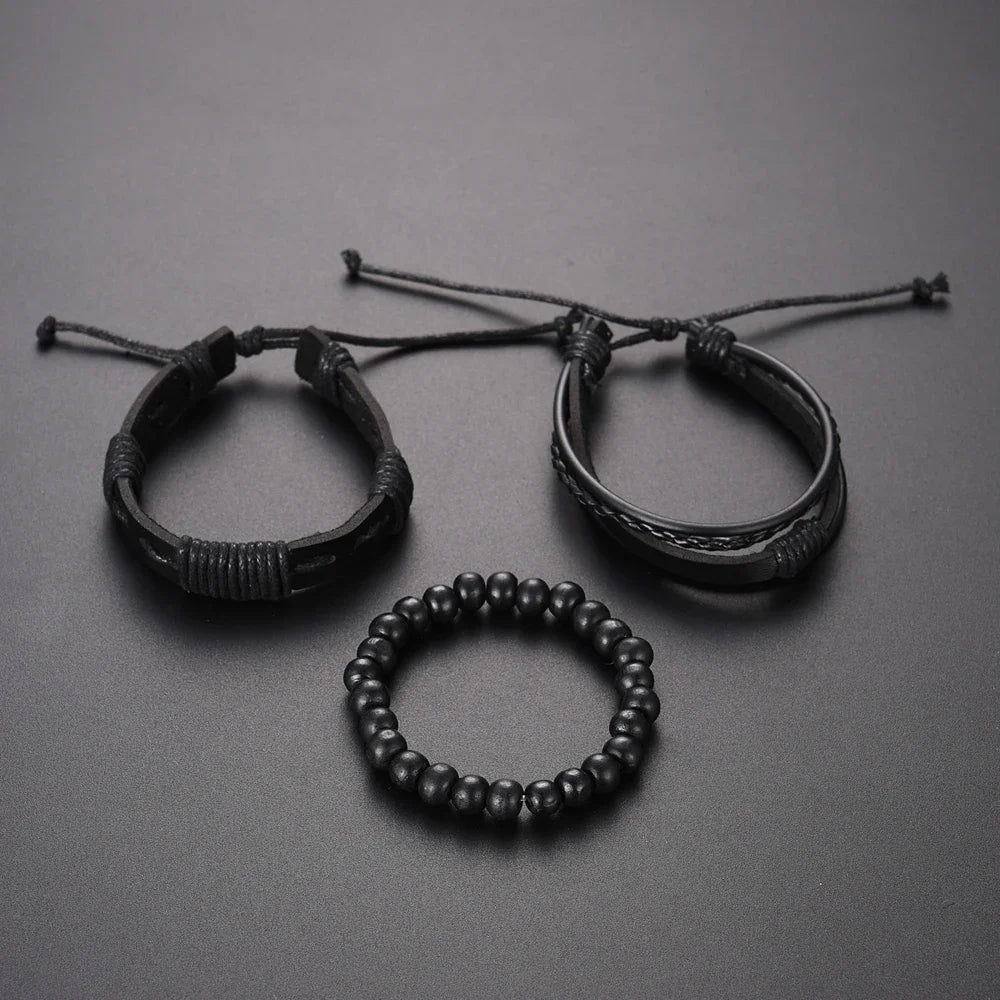 Men's Luxury Black Leather Watch & Bracelet Gift Set