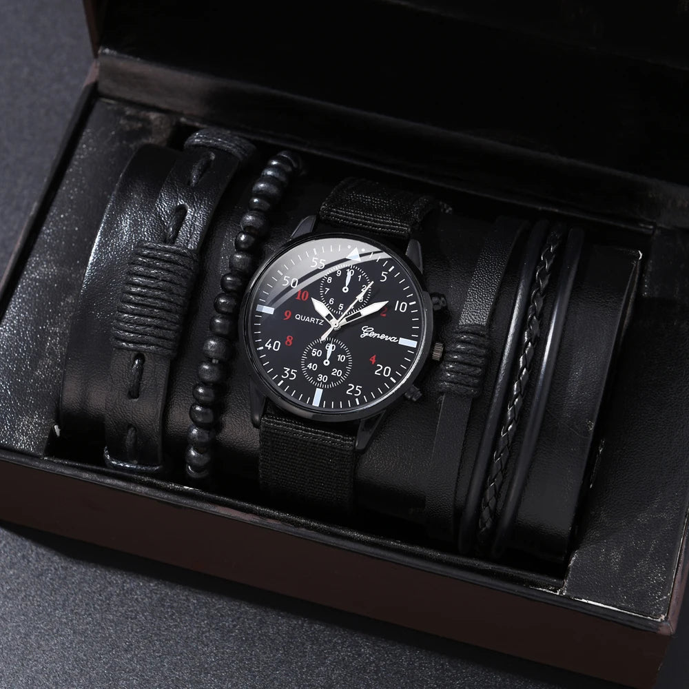 Men's Luxury Black Leather Watch & Bracelet Gift Set