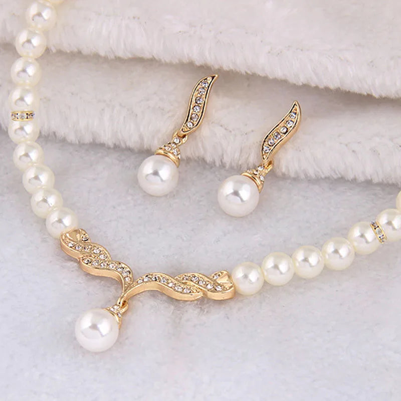 Gold Pearl Necklace Earring Set