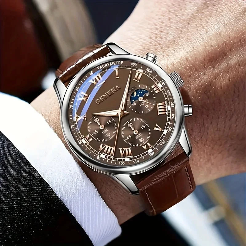 Men's Leather Strap Analog Quartz Watch