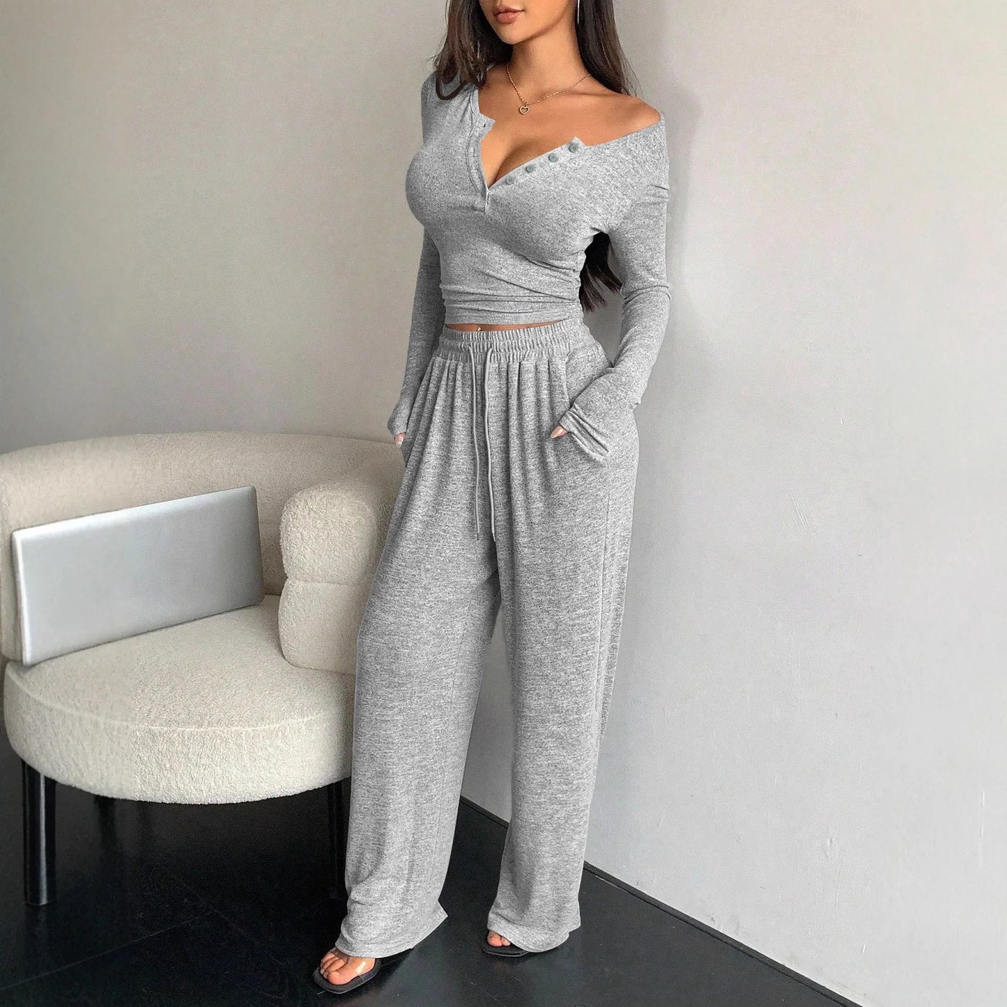 Women's V-Neck Button Drawstring Pajama Set