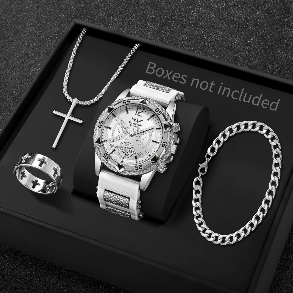 Men's Arabic Dial Quartz Watch Set with Necklace (4pcs)