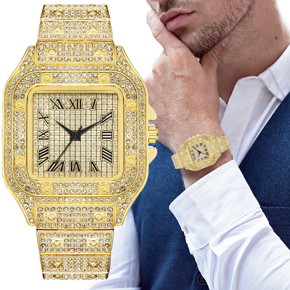 Men's Classic Square Rhinestone Steel Quartz Watch