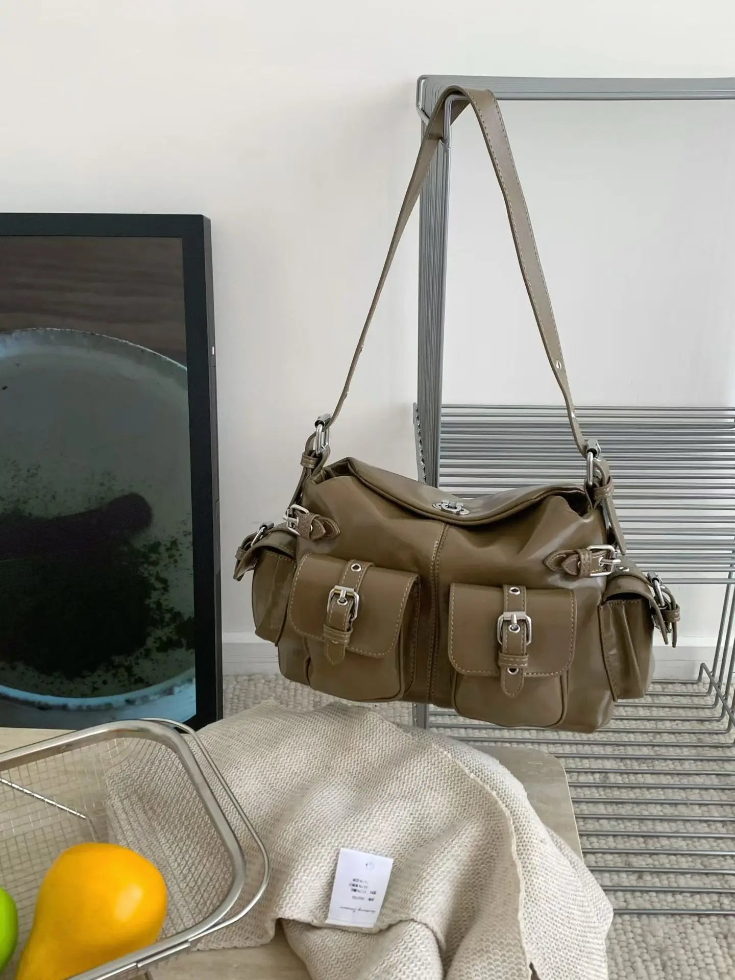 Women's Moto Style Multi-Pocket Armpit Tote