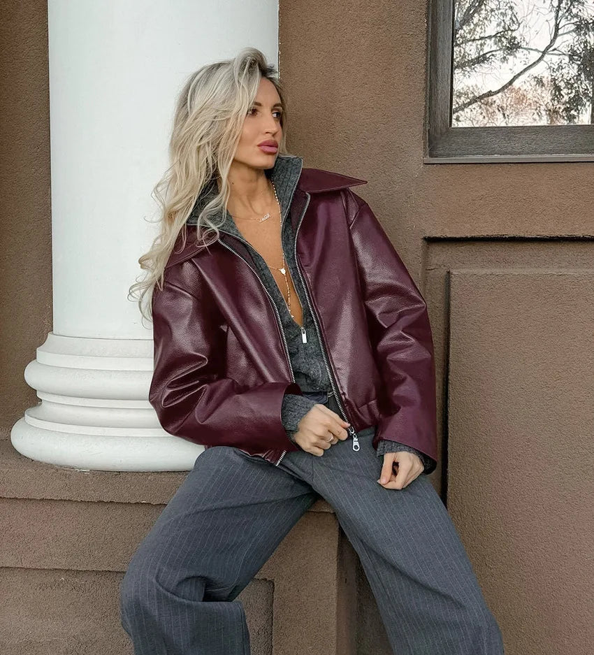 Burgundy Bomber Cropped Jacket