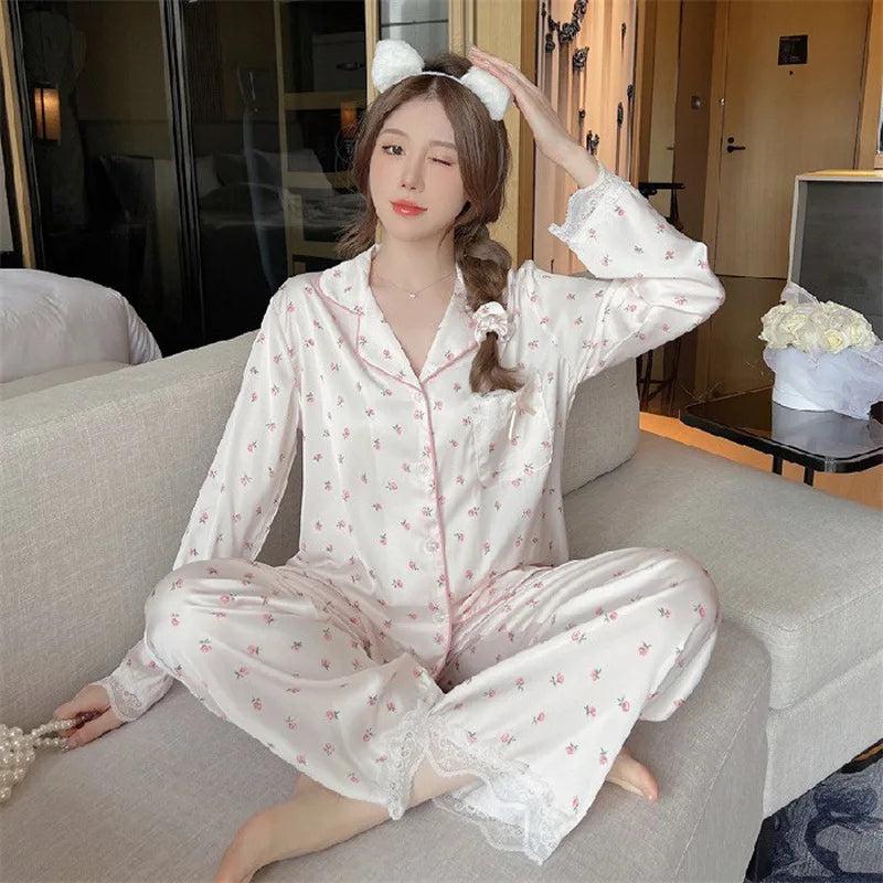 Women's Silk Print Cardigan Pajama Set